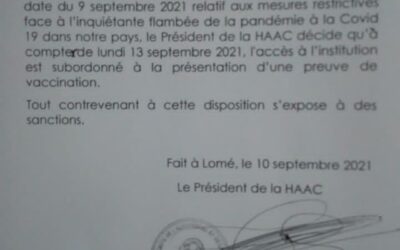 TOGO : L&rsquo;ACCÈS À LA HAAC EST DÉSORMAIS CONDITIONNÉ PAR LA PRÉSENTATION D&rsquo;UNE PREUVE DE VACCINATION CONTRE LA COVID 19