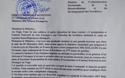 ASSASSINAT DE L’ÉTUDIANTE TOGOLAISE FORTUNEE KOLAGBE EN FRANCE : LE PARTI POLITIQUE » LA RACINE’ ORGANISE UN SEETING VENDREDI 16 À LOMÉ