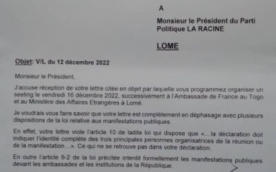 TOGO : LE SIT-IN DU PARTI POLITIQUE ‘LA RACINE » EN HOMMAGE À LA MÉMOIRE DE FEUE FORTUNEE KOLAGBE EST INTERDIT