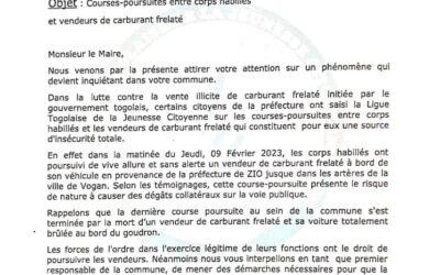 En plein jour de Saint Valentin, la LTJC saisi le Maire de la Commune VO 1 sur les courses-poursuites entre vendeurs de carburant frelaté et corps habillés.