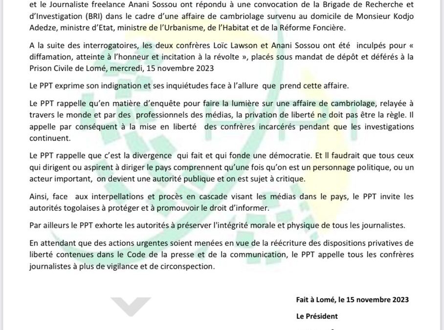 TOGO/ INCARCÉRATION DE DEUX JOURNALISTES : LE PATRONAT DE LA PRESSE TOGOLAISE (PTT) APPELLE À LEUR LIBÉRATION ET LA RÉÉCRITURE DU NOUVEAU CODE DE LA PRESSE TOGOLAISE