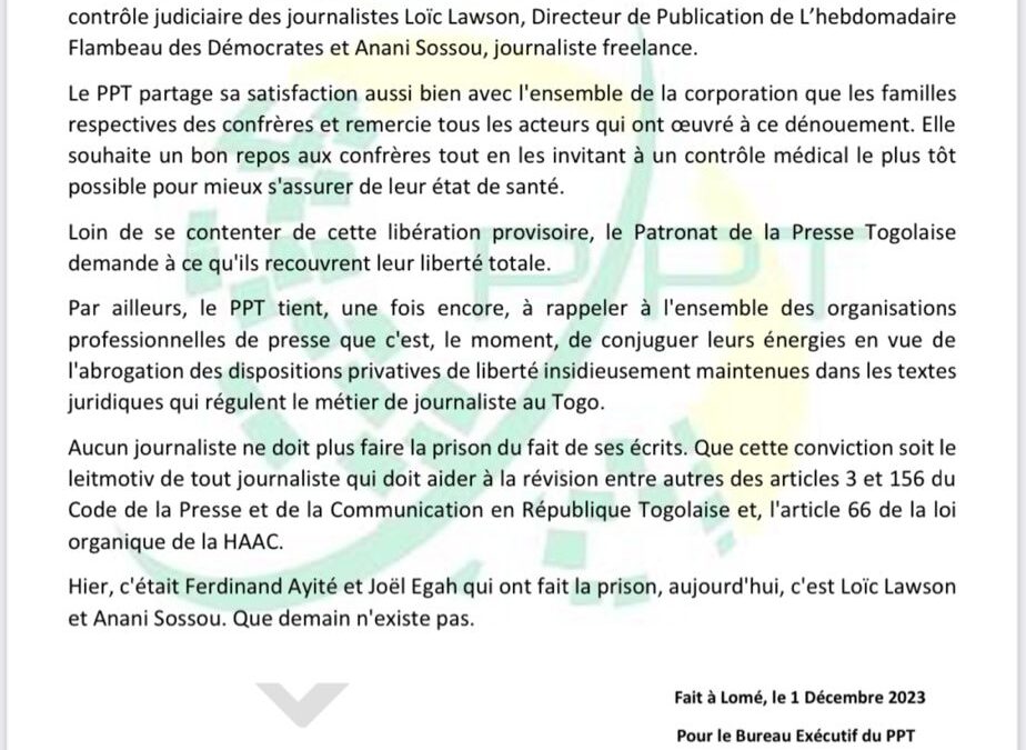 Communiqué du Patronat de la Presse Togolaise (PPT)