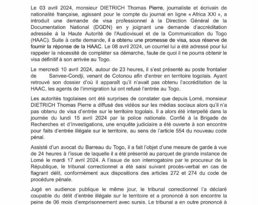 TOGO : Un journaliste français jugé, condamné, avec interdiction de séjour et reconduit à la frontière DIETRICH Thomas Pierre