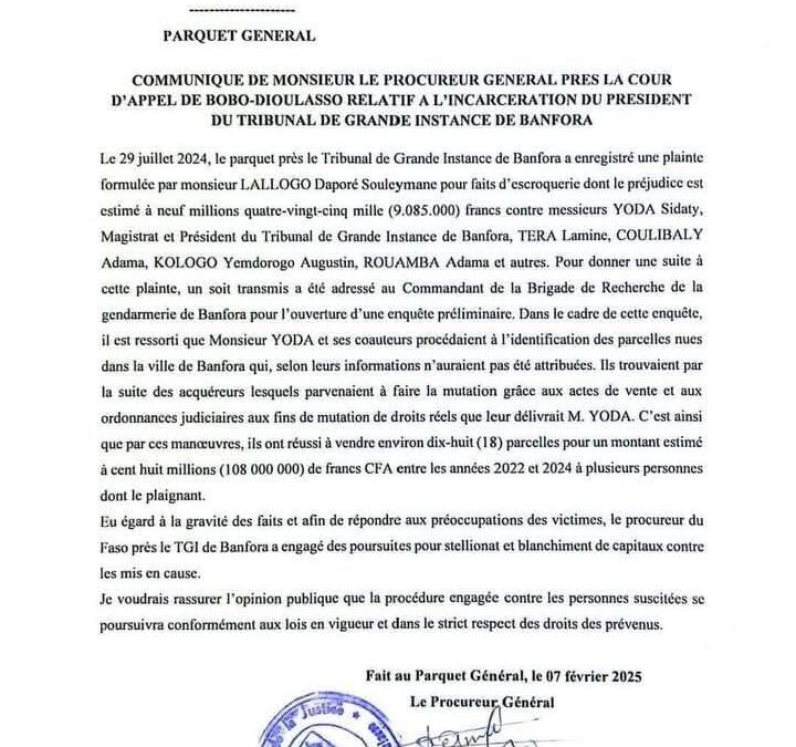 UN MAGISTRAT ET PRÉSIDENT DU TRIBUNAL DE GRANDE INSTANCE DÉPOSÉ À LA PRISON